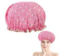 Bonnet de douche double couche pour femme - Bande élastique imperméable et réutilisable - Bords volants couvrant les oreilles pour cheveux longs, courts et bouclés (oiseau rose)