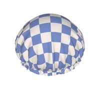 Bonnet de douche double épaisseur à carreaux bleus et blancs, réutilisable, résistant à l'eau, grand bonnet de douche pour femme, avec doublure en PEVA et cordon élastique