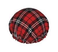 Bonnet de douche écossais à carreaux noirs et rouges pour femme, réutilisable, double couche, bande élastique, bonnet de bain pour cheveux longs pour douche