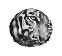 Bonnet de douche en forme de tigre noir et blanc réutilisable et imperméable pour homme et femme avec bande élastique - Bonnet de bain double couche lavable pour toutes les coiffures - Facile à