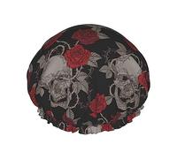 Bonnet de douche et bonnet de bain motif tête de mort et roses rouges pour femme, bonnets de douche imperméables surdimensionnés réversibles grands conçus pour toutes les longueurs de cheveux, bonne