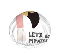 Bonnet de douche Flamingo Funny Bird Pirate en chapeau tricorne avec mot Let's Be Pirates Grands bonnets de bain pour femmes hommes filles cheveux longs imperméables chapeaux réutilisables