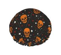 Bonnet de douche géométrique orange en forme de crâne et d'étoile, réutilisable, imperméable, double couche élastique, pour toutes les longueurs de cheveux