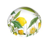 Bonnet de douche imperméable à bande élastique, bonnet de douche réutilisable à double couche pour femmes,Branches de citronnier exotiques à motifs, délicieuses et délicieuses