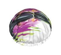 Bonnet de douche imperméable à bande élastique, bonnet de douche réutilisable à double couche pour femmes,Bien-être asiatique avec pierres de massage zen Orchidée violette