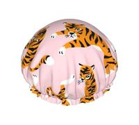 Bonnet de douche imperméable à bande élastique, bonnet de douche réutilisable à double couche pour femmes,Animaux de cirque, tigres mignons sur fond rose