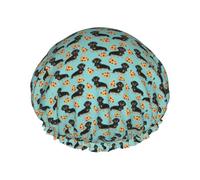 Bonnet de douche imperméable à bande élastique, bonnet de douche réutilisable à double couche pour femmes,Doxie Teckel Pizza Nourriture Nouveauté Enfants Drôle Chiens Animaux Mignon Doxie