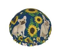 Bonnet de douche imperméable à bande élastique, bonnet de douche réutilisable à double couche pour femmes,Tournesols Bouledogue Français