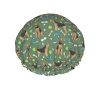 Bonnet de douche imperméable à bande élastique, bonnet de douche réutilisable à double couche pour femmes,Airedale Terrier Toys Race de chien vert
