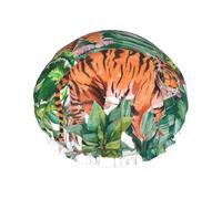 Bonnet de douche imperméable à bande élastique, bonnet de douche réutilisable à double couche pour femmes,Feuilles tropicales botaniques du tigre