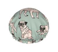 Bonnet de douche imperméable à bande élastique, bonnet de douche réutilisable à double couche pour femmes,Chiens carlins assis