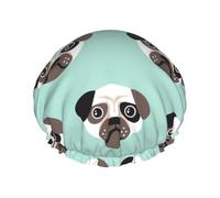 Bonnet de douche imperméable à bande élastique, bonnet de douche réutilisable à double couche pour femmes,Modèle pour enfants avec illustration de chiot carlin bleu