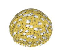 Bonnet de douche imperméable à bande élastique, bonnet de douche réutilisable à double couche pour femmes,Moutons Champ de laine de mouton Animaux de ferme Animaux Moutarde