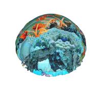 Bonnet de douche imperméable à bande élastique, bonnet de douche réutilisable à double couche pour femmes,Fond marin corail poissons dauphins imprimer nuit étoilée
