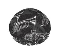 Bonnet de douche imperméable à bande élastique, bonnet de douche réutilisable à double couche pour femmes,Trompettes à croquis noir et blanc