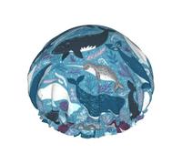 Bonnet de douche imperméable à bande élastique, bonnet de douche réutilisable à double couche pour femmes,Mammifères marins Baleines