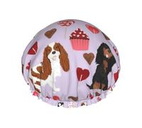Bonnet de douche imperméable à bande élastique, bonnet de douche réutilisable à double couche pour femmes,Cavalier King Charles Spaniel Manteaux mixtes Saint-Valentin Cupcakes Coeurs Chien