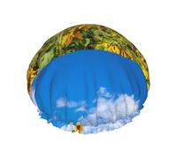 Bonnet de douche imperméable à bande élastique, bonnet de douche réutilisable à double couche pour femmes,Tournesol Mer et ciel bleu Nuages blancs