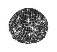 Bonnet de douche imperméable à bande élastique, bonnet de douche réutilisable à double couche pour femmes,Motif élégant et scintillant à paillettes noires et argentées