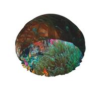 Bonnet de douche imperméable à bande élastique, bonnet de douche réutilisable à double couche pour femmes,Corail et poissons