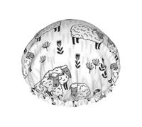 Bonnet de douche imperméable à bande élastique, bonnet de douche réutilisable à double couche pour femmes,Motif de moutons gris et blancs représentant des animaux de la ferme