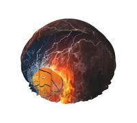 Bonnet de douche imperméable à bande élastique, bonnet de douche réutilisable à double couche pour femmes,Ballon de basket sur le feu et l'eau
