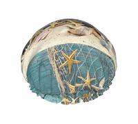 Bonnet de douche imperméable à bande élastique, bonnet de douche réutilisable à double couche pour femmes,Plage de coquillages et d'étoiles de mer