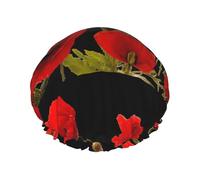 Bonnet de douche imperméable à bande élastique, bonnet de douche réutilisable à double couche pour femmes,Fleurs de pavot rouge, floral coloré, abstrait, noir