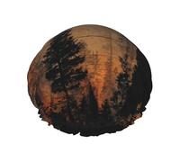 Bonnet de douche imperméable à double doublure avec imprimé silhouette d'ours parmi les arbres