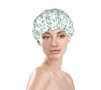 Bonnet de douche imperméable à double doublure, orné de petites fleurs bleues éparses, motif botanique.