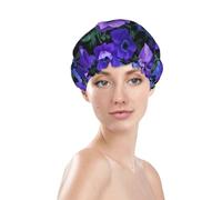 Bonnet de douche imperméable à double épaisseur, motif anémones lavande et feuilles vertes sur fond violet, taille unique.
