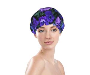 Bonnet de douche imperméable à double épaisseur, motif anémones lavande et feuilles vertes sur fond violet, taille unique.