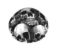 Bonnet de douche imperméable avec motif tête de mort noir et blanc - Double couche de protection pour cheveux longs/bouclés - Réutilisable et facile à transporter.