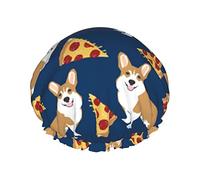 Bonnet de douche imperméable bleu marine Corgi Pizza, bonnet de bain élastique pour cheveux, protection de l'environnement, bonnet de bain pour cheveux, double couche imperméable