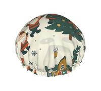 Bonnet de douche imperméable double couche avec motif Père Noël, bonhommes de neige et sapins de Noël, réutilisable, avec bande élastique