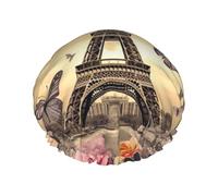 Bonnet de douche imperméable double couche avec motif Tour Eiffel Fleurs et papillons Pour femme Bonnet de bain réutilisable avec bande élastique, garde les cheveux au sec pour la douche et les soins