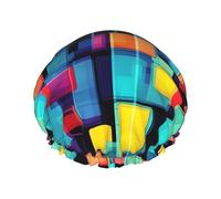 Bonnet de douche imperméable double couche - Diagramme géométrique carré élastique réutilisable Bonnet de douche Protecteur de cheveux pour homme et femme