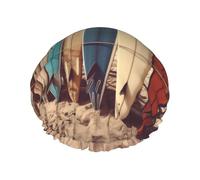 Bonnet de douche imperméable double couche imprimé Boards on the Beach - Masque de bain réutilisable pour voyage, soins à domicile et routine beauté