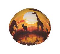 Bonnet de douche imperméable double couche imprimé éléphant et girafe au coucher du soleil - Masque de bain réutilisable pour voyage, soins à domicile et routine beauté