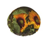 Bonnet de douche imperméable double couche imprimé tournesols sur bois - Masque de bain réutilisable pour voyage, soins à domicile et routine beauté
