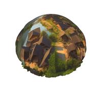 Bonnet de douche imperméable double couche imprimé village scénique - Masque de bain réutilisable pour voyage, soins à domicile et routine beauté