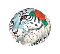 Bonnet de douche imperméable double couche - Joli tigre blanc élastique réutilisable chapeau de protection des cheveux pour homme et femme