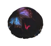 Bonnet de douche imperméable double couche motif papillons sur fond noir pour femme, chapeau de bain réutilisable avec bande élastique, garde les cheveux au sec pour la douche et les soins de la peau