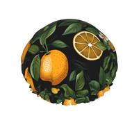 Bonnet de douche imperméable double couche orange et feuilles sur fond noir pour femme, chapeau de bain réutilisable avec bande élastique, garde les cheveux au sec pour la douche et les soins de la