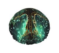 Bonnet de douche imperméable double couche pour femme, motif arbre vert magique, chapeau de bain réutilisable avec bande élastique, garde les cheveux au sec pour la douche et les soins de la peau