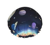 Bonnet de douche imperméable double couche - Saturne Jupiter Earth élastique réutilisable chapeau de protection des cheveux pour homme et femme