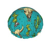 Bonnet de douche imperméable réutilisable avec imprimé cactus et crâne de taureau, double couche élastique, grand bonnet de douche pour femmes cheveux longs