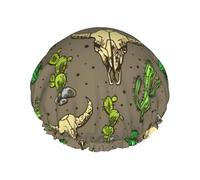Bonnet de douche imperméable réutilisable avec imprimé tête de mort de taureau et cactus mignon, bonnet de bain élastique double couche, grand bonnet de douche pour femmes cheveux longs