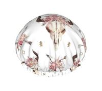 Bonnet de douche imperméable réutilisable motif tête de taureau tribal sur blanc imprimé, double couche élastique, grand bonnet de douche pour femmes cheveux longs