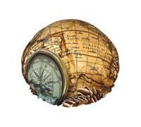 Bonnet de douche imprimé boussole et carte du monde - Double couche respirante, sangle élastique réglable, durable, essentiels de voyage pour hôtel